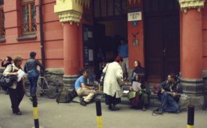 Front door of the Fund B92 HQ in downtown Belgrade, also home of our own Cultural centre Rex, with participants of art project working on the steps. The building served as Jewish Cultural and Community Centre until German occupation in April 1941, after which most of the Belgrade Jews were executed. We consider it our site of conscience until the City and State decide to make Staro Sajmiste camp a memory and education site.